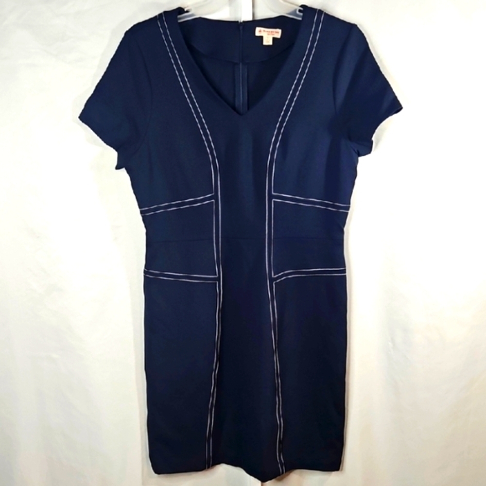 Brooks Brothers Navy Blue Sheath Dress V-Neck Short Sleeve Size Large